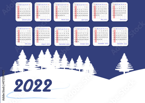 2022 table calendar with winter landscape and trees. Week starts on Sunday 