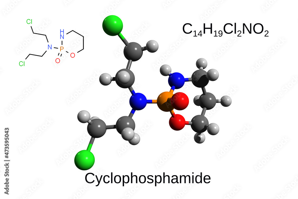 Chemical formula, structural formula and 3D ball-and-stick model of the anticancer and immunosuppressive drug cyclophosphamide, white background