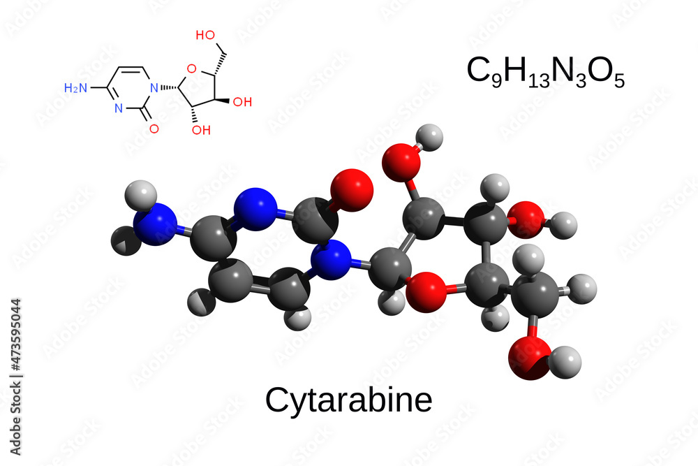 Chemical formula, structural formula and 3D ball-and-stick model of the anticancer drug cytarabine, white background
