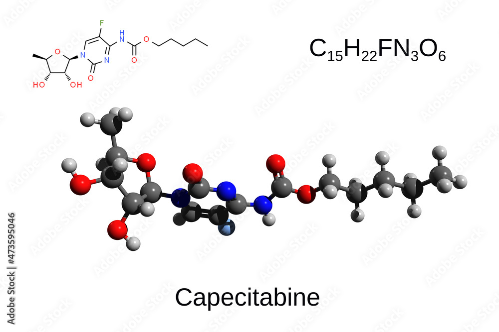Chemical formula, structural formula and 3D ball-and-stick model of the anticancer drug capecitabine, white background Chemical formula, structural formula and 3D ball-and-stick model of the anticancer drug capecitabine, white background