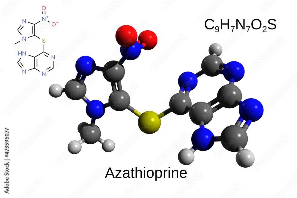 Chemical formula, structural formula and 3D ball-and-stick model of the immunosuppressive drug azathioprine, white background Chemical formula, structural formula and 3D ball-and-stick model of the immunosuppressive drug azathioprine, white background