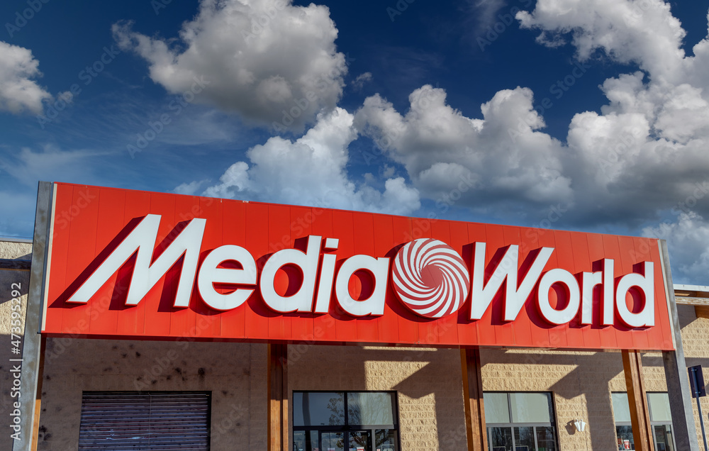 Moncalieri, Turin, Italy - December 6, 2021: Sign with logo of Media World  store on the blue