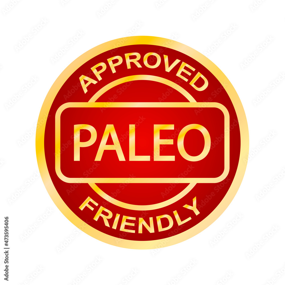 Paleo approved friendly stamp. Paleo diet. Orange round frame. Product label. Logo or icon. Sticker	
