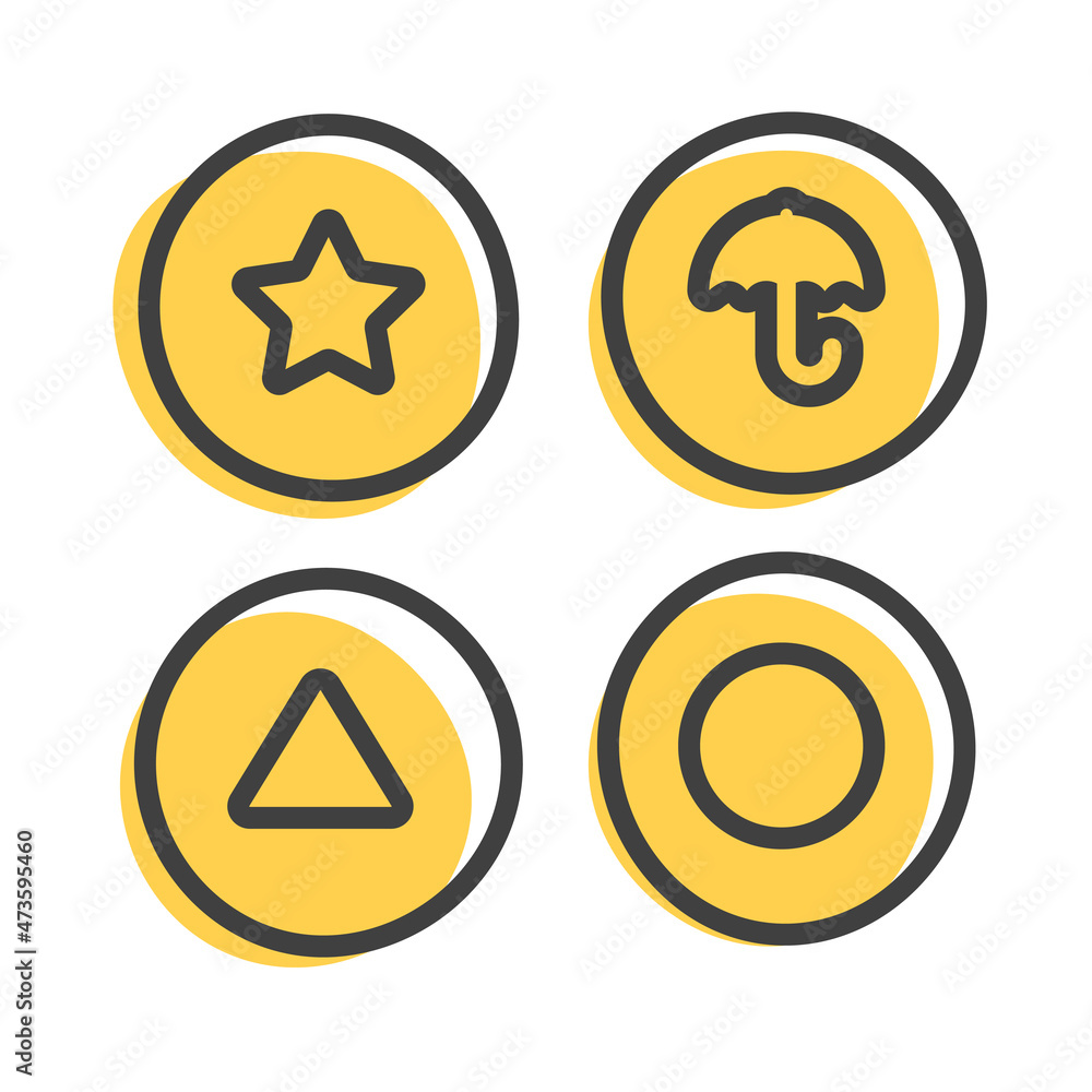 Symbols of squid game. Circle, triangle, star, umbrella on honeycomb candy. Korean traditional games. Chinese sweet cookies. Vector illustration isolated on white background. Symbols of squid game. Circle, triangle, star, umbrella on honeycomb candy. Korean traditional games. Chinese sweet cookies. Vector illustration isolated on white background.