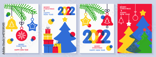 Merry Christmas and Happy New Year 2022 set greeting cards, posters, holiday covers. Modern Xmas design in blue, red, yellow, green and white colors. Christmas tree, fir branch, balls, gifts elements