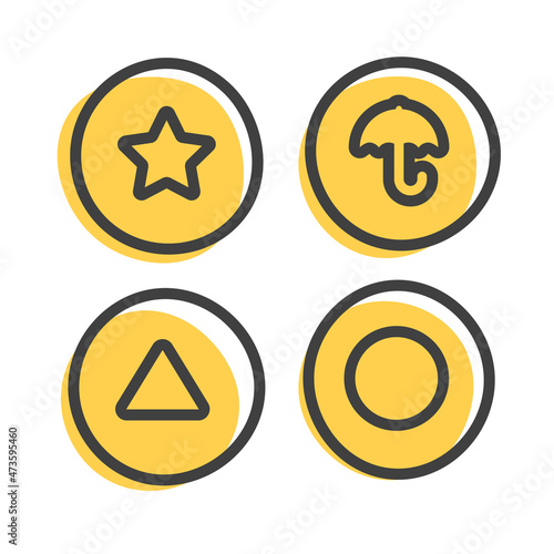 Symbols of squid game. Circle, triangle, star, umbrella on honeycomb candy. Korean traditional games. Chinese sweet cookies. Vector illustration isolated on white background.