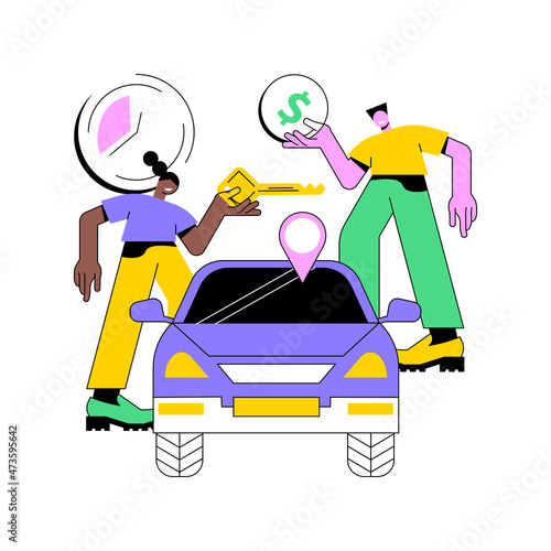 Carsharing service abstract concept vector illustration. Rental service, short term rent, carsharing application, ride application, hiring a car peer to peer, hourly payment abstract metaphor.