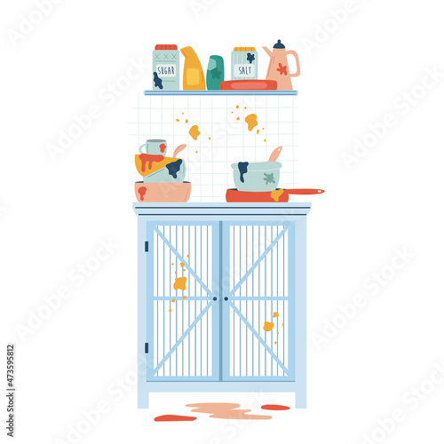 Vector illustration in a modern flat style of a dirty, messy kitchen and utensils.