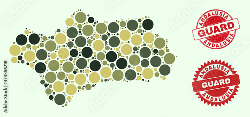 Vector round items collage Andalusia Province map in khaki colors, and textured stamp seals for guard and military services. Round red seals contain phrase GUARD inside.
