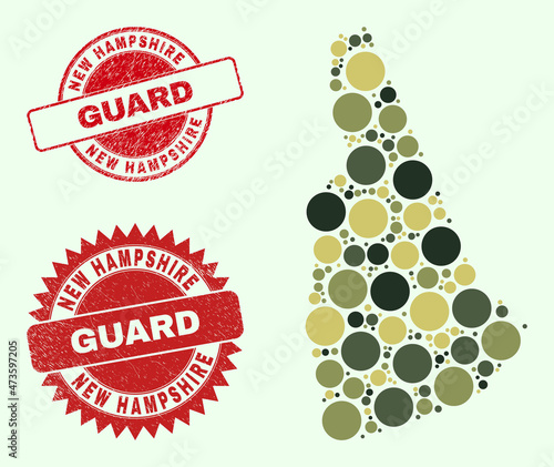 Vector spheric elements combination New Hampshire State map in khaki colors, and rubber stamp imitations for guard and military services. Round red seals contain phrase GUARD inside.