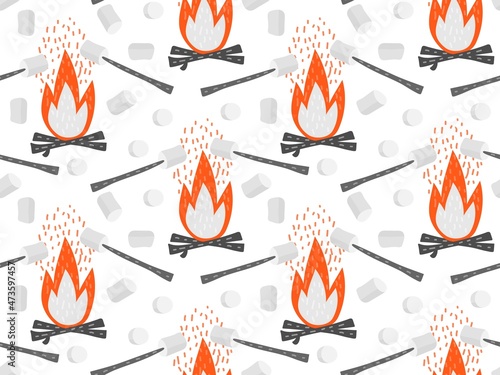 Seamless pattern with marshmallows on stick over bonfire. Black firewood burn in red fire. Marshmallow roasted over camping fire. Vector hand drawn illustration isolated. For textile , wallpaper