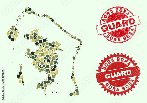 Vector circle items combination Bora-Bora map in camouflage colors, and grunge seals for guard and military services. Round red seals contain phrase GUARD inside.