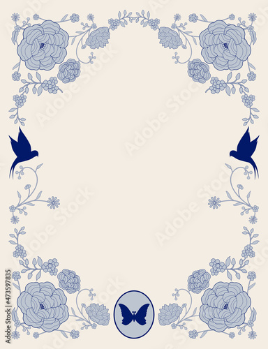 Ornamental frame of flowers and animals for fables and fairy tales. Vintage style storybook cover. Mediterranean style vintage tile