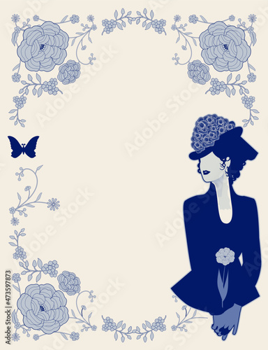 Ornamental frame of flowers and elegant victorian lady. Vintage style storybook cover. Mediterranean style vintage tile