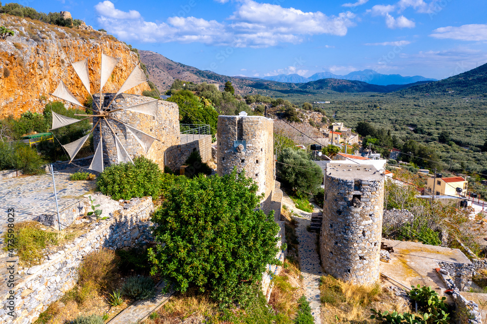 Old windmills in Nikithianos village, Eastern Crete, Greece Old windmills in Nikithianos village, Eastern Crete, Greece