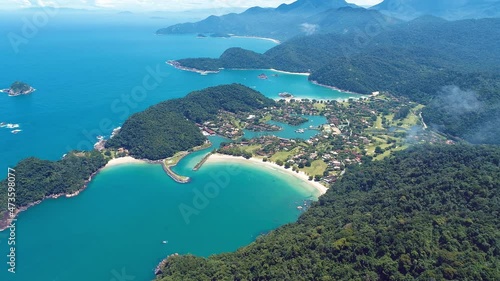Paraty, Rio de Janeiro, Brazil. Aerial view of tropical beach with turquoise water. Vacation travel. Travel destination.  photo