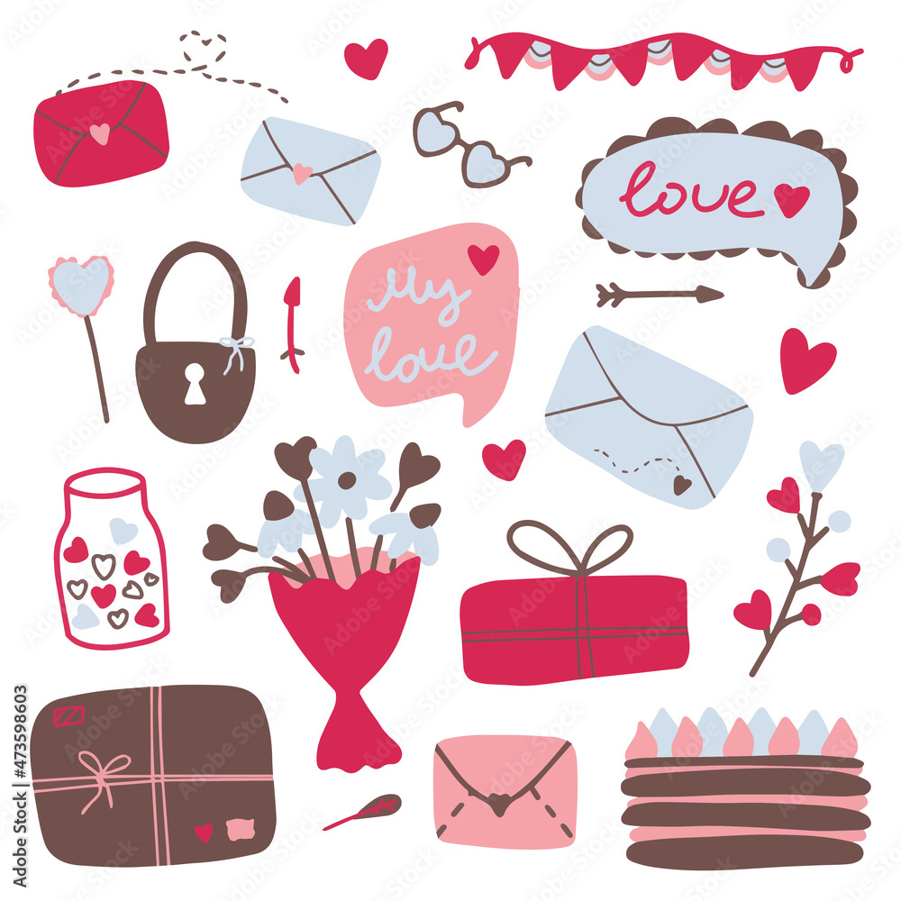 Valentines day doodle set, objects for concept and design, vector illustration flat.