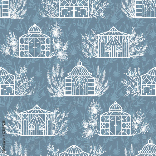 Botanical Garden. Victorian Greenhouses and Tropical Plants Vector Seamless Pattern. Vintage Glass Orangery