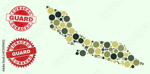 Vector circle parts combination Curacao Island map in camouflage colors, and textured watermarks for guard and military services. Round red stamp seals have phrase GUARD inside.