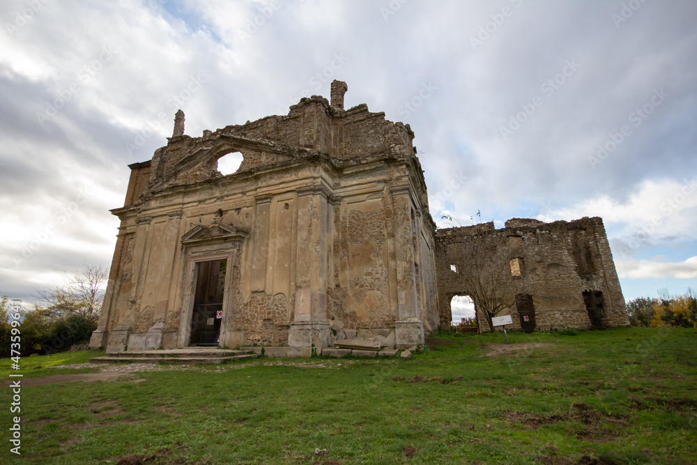 Baroque Church of San Bonaventura in The ruins of ancient Monterano,Canale Monterano,Italy.