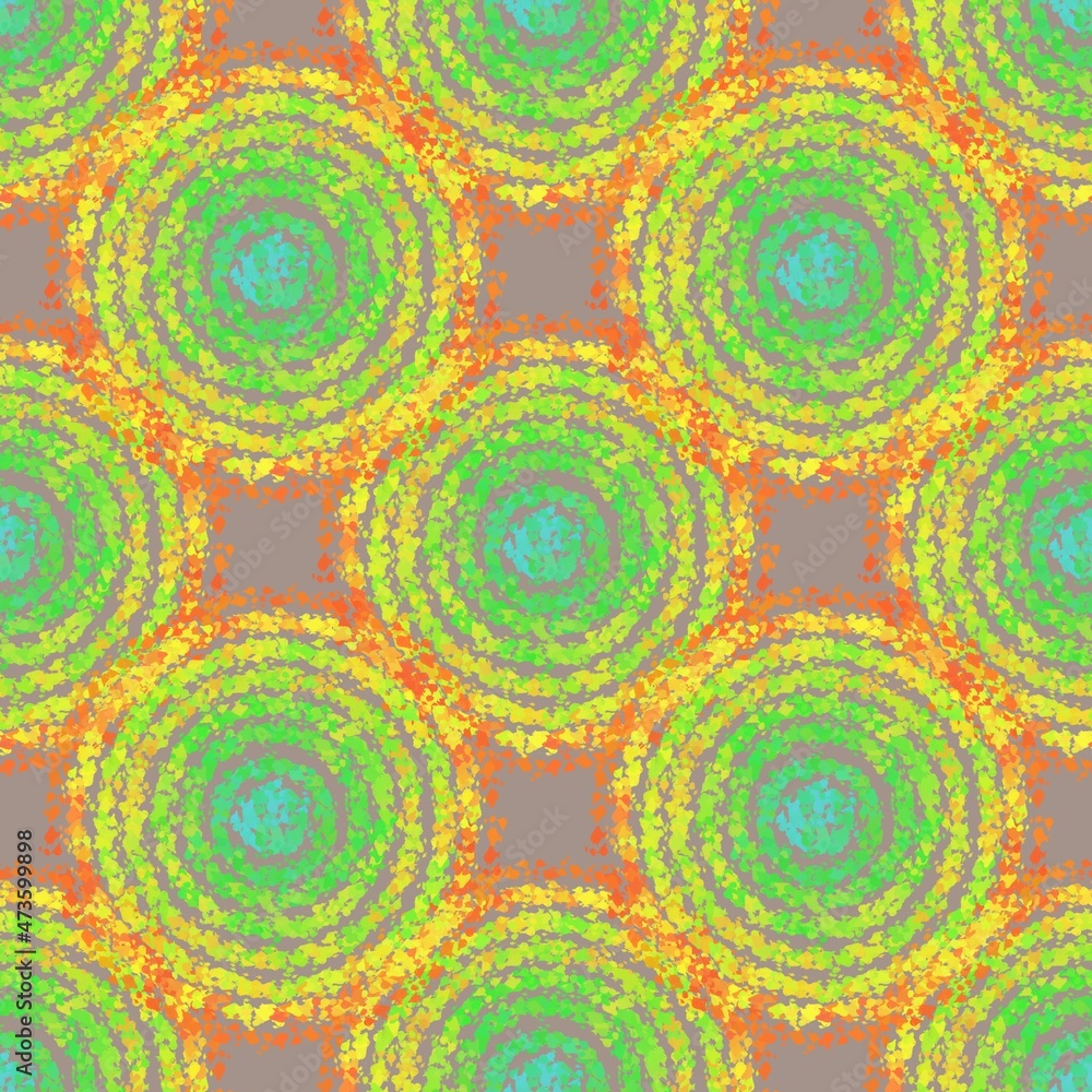 Obraz premium Seamless abstract geometry pattern. Simple background on yellow, blue, red, orange, green circles. Grey background. Designed for textile fabrics, wrapping paper, background, wallpaper, cover.