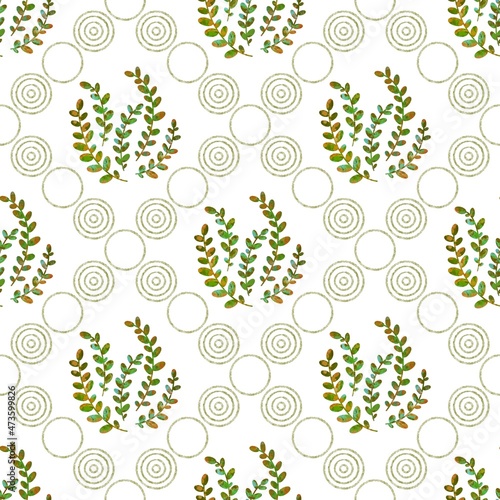 Seamless floral pattern with circles, plants. Green, yellow, blue colors. White background. Rhombus ornament. Illustration. Designed for textile fabrics, wrapping paper, background, wallpaper, cover.