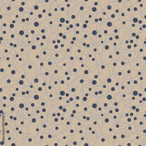 Seamless abstract geometry pattern. Dots and ovals on black  grey colors. Beige background. Illustration. Designed for textile fabrics  wrapping paper  background  wallpaper  cover.