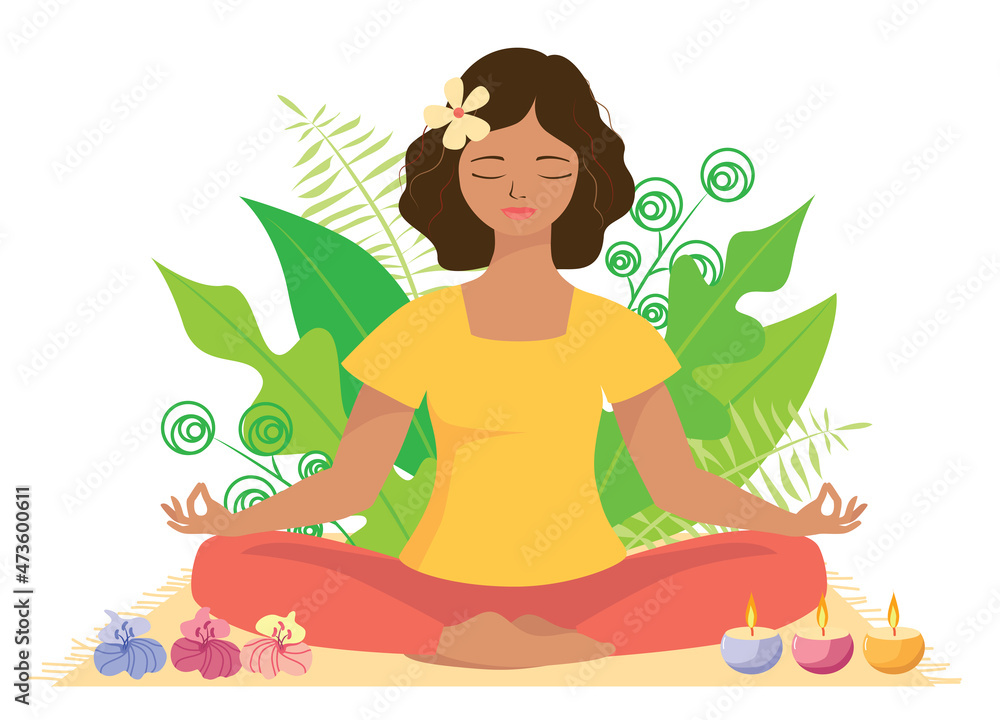Woman meditating in nature and leaves. Concept illustration for yoga, meditation, relax, recreation, healthy lifestyle. Vector illustration in flat cartoon style . Enlightenment