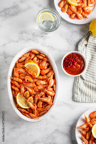 Wallpaper Mural Red cooked prawn or shrimp on white background. Top view Torontodigital.ca
