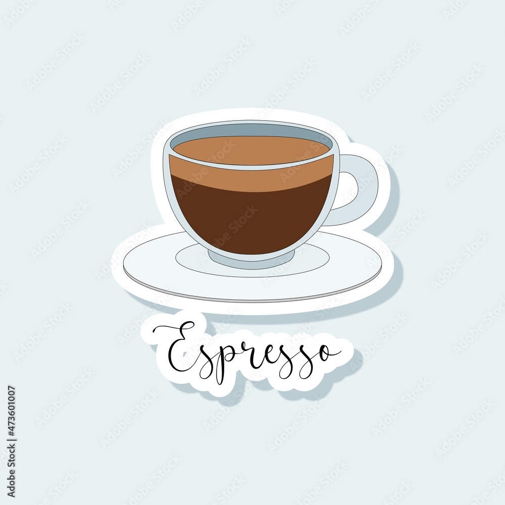 Obraz premium Collection of vector of coffee drinks stickers. Coffee types, variety of beverages. Vector coffee set of clipart design. Latte, americano, take away, espresso, mocha, cappuccino template