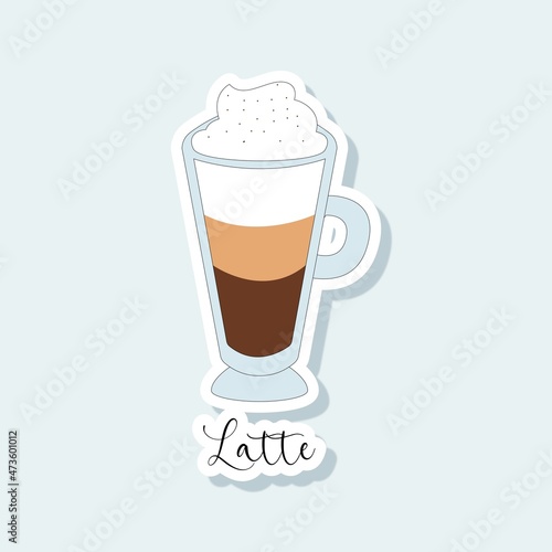 Collection of vector of coffee drinks stickers. Coffee types, variety of beverages. Vector coffee set of clipart design. Latte, americano, take away, espresso, mocha, cappuccino template