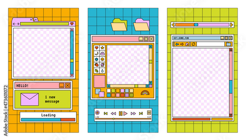 Linear vaporwave story set. Retro fun groovy style. Trendy editable template for social networks stories, vector illustration. Design backgrounds for social media.