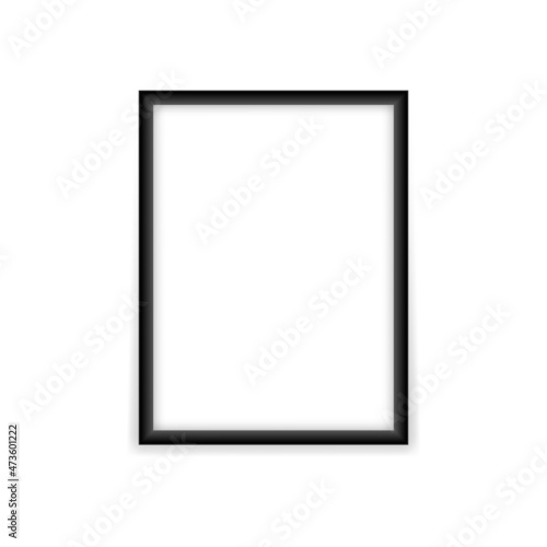 Empty black photo frame mockup. Blank rectangular vertical template with white center realistic design for picture and promotional vector image