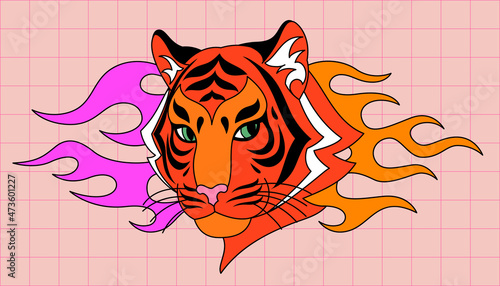 Background with tiger in boho style. Beautiful animal print design. Abstract art poster. Old school flame, pink fire, checkered pattern. Magic mystery concept. Retro, groovy aesthetic. 