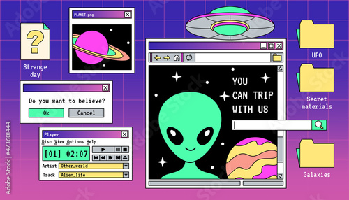 Retro linear vaporwave desktop with user interface elements, message boxes, windows and folders. Trendy cover in 80s, 90s style, retrowave aesthetics. Alien, space ship, ufo set of vector objects.