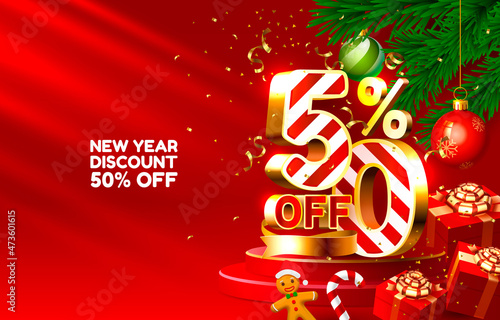 New year discount merry Christmas sale 50 off golden numbers, with gifts and Christmas decorations on the red background. Vector