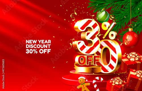 New year discount merry Christmas sale 30 off golden numbers, with gifts and Christmas decorations on the red background. Vector
