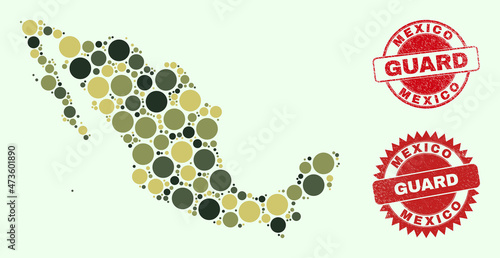 Vector round elements collage Mexico map in khaki colors, and scratched stamp seals for guard and military services. Round red stamp seals include word GUARD inside.