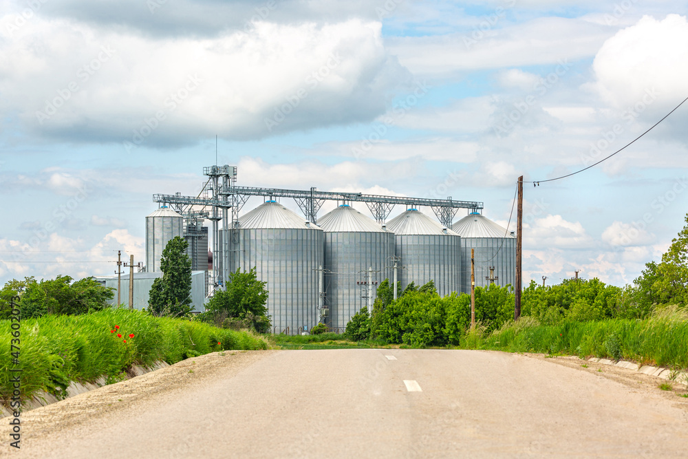 Obraz premium Road to Silos on a beautiful with puffy clouds and fresh green grass