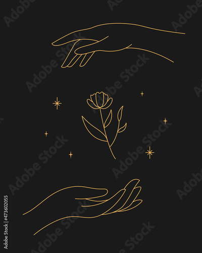 Magic sparkling twigs in hand. contour esoteric elegant illustration.
