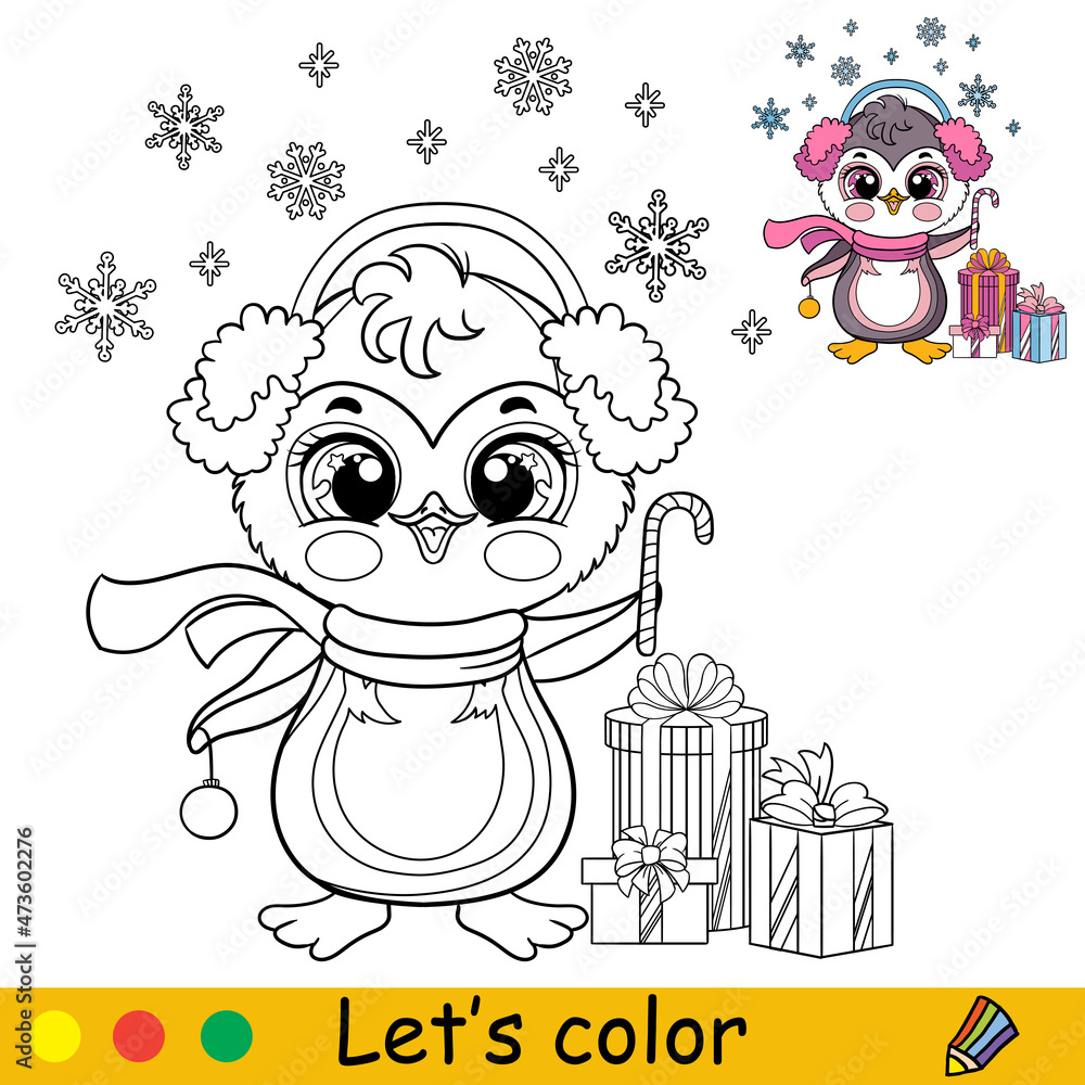 Coloring cute Christmas penguin girl with presents vector