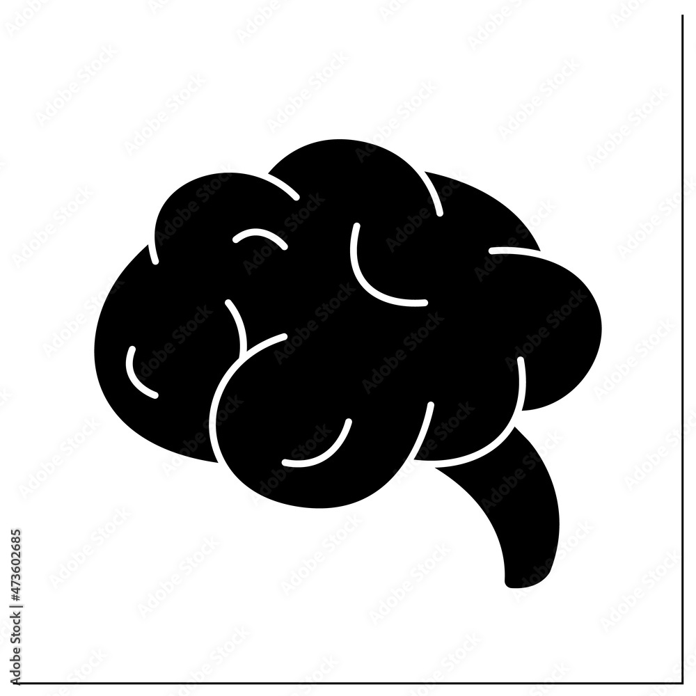 Brain glyph icon. Nervous system center. Mental activity. Medical treatment. Body parts. Human internal organs concept.Filled flat sign. Isolated silhouette vector illustration Brain glyph icon. Nervous system center. Mental activity. Medical treatment. Body parts. Human internal organs concept.Filled flat sign. Isolated silhouette vector illustration