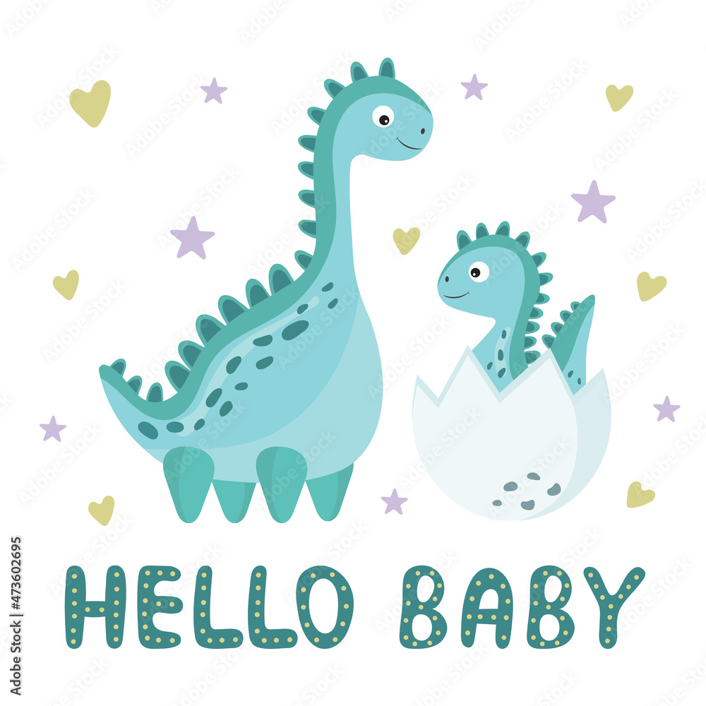 Newborn baby concept with cute little dinosaur in egg and his mother. Hello baby card for decorating a nursery, textiles, milestone cards, baby shower invitation.