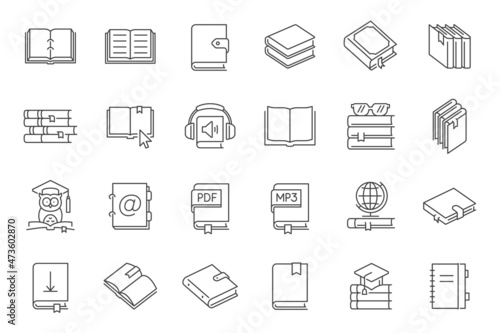Books line icons vector set. Contains such icons as knowledge, library, audio book, phone book and more. Editable stroke.