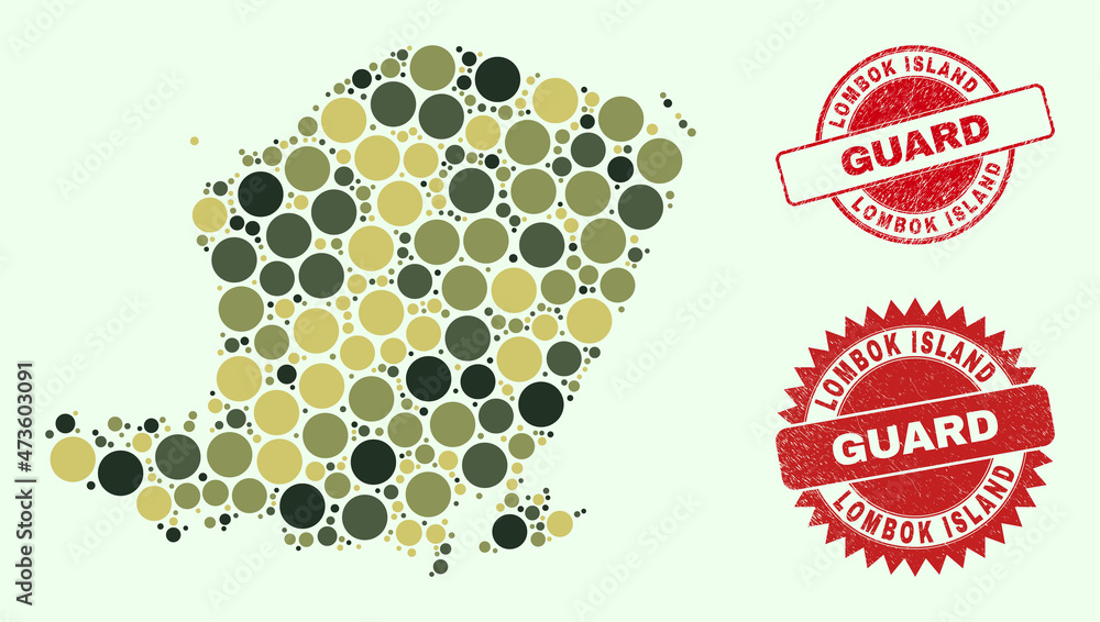 Vector circle parts combination Lombok Island map in khaki hues, and scratched seals for guard and military services. Round red imprints contain word GUARD inside. Vector circle parts combination Lombok Island map in khaki hues, and scratched seals for guard and military services. Round red imprints contain word GUARD inside.