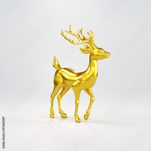 3D Illustration of Golden Deer on Gray Background with Shadows. Element for Christmas, New Year Card Concept