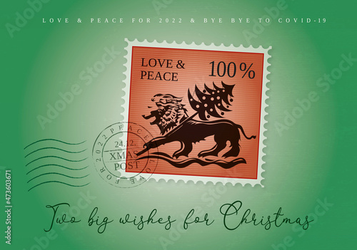 Christmas card with a stamp frame - two big wishes for Christmas: the lion presents a Christmas tree and stands for love and peace - suitable for holiday greeting with a strong message