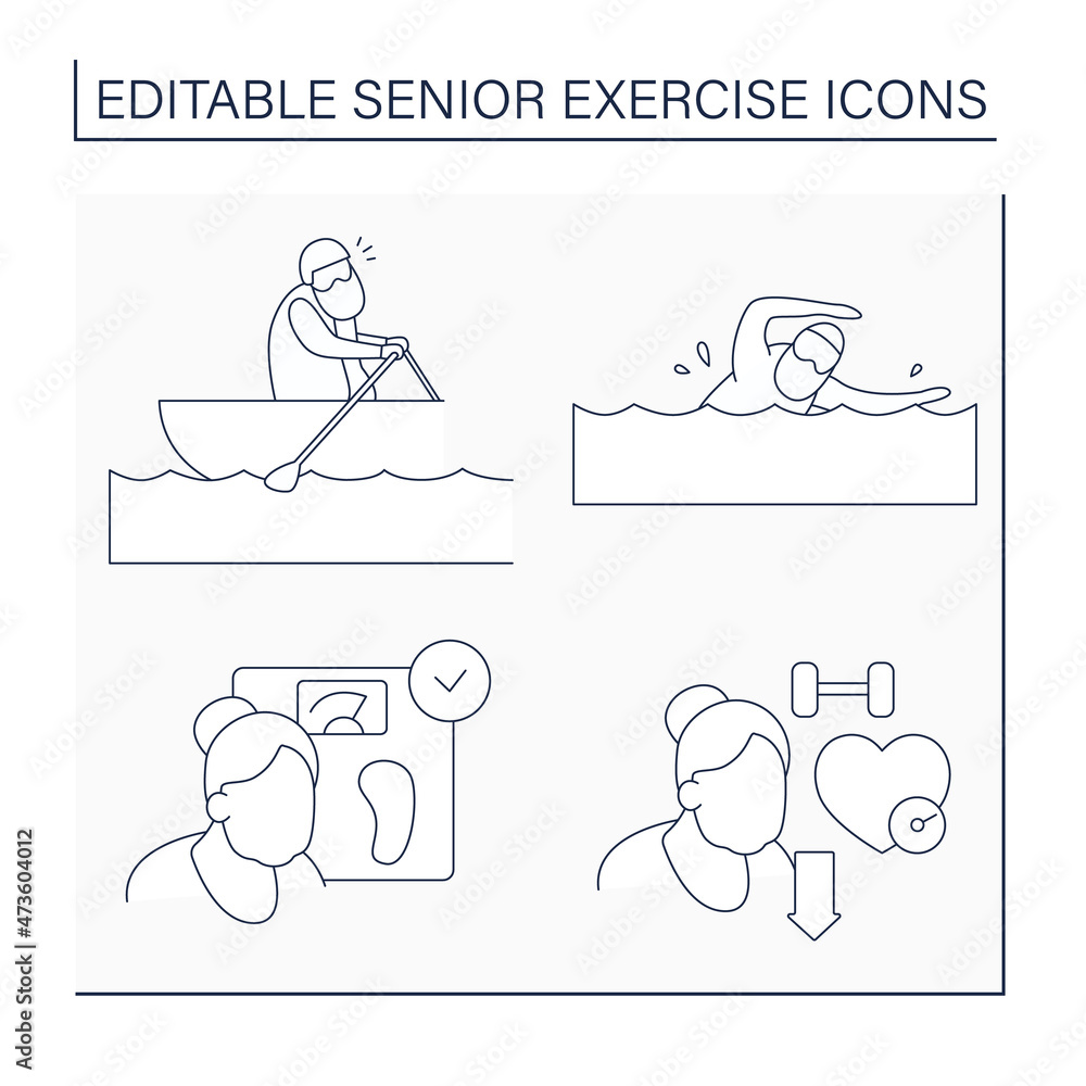 Senior exercise line icons set. Physical activity. Swimming, rowing, healthy weight, disease prevention. Training concept. Isolated vector illustration. Editable stroke
