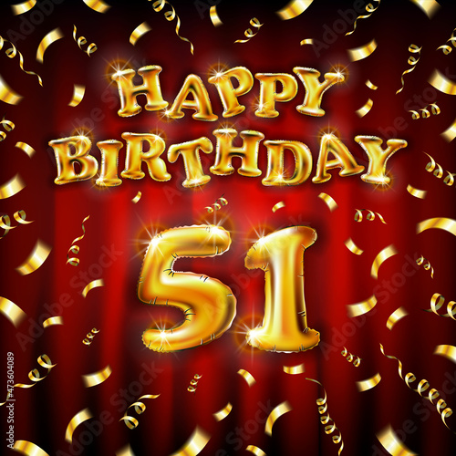 Golden number fifty one years metallic balloon. Happy Birthday message made of golden inflatable balloon. 51 number etters on red background. fly gold ribbons with confetti. vector illustration photo