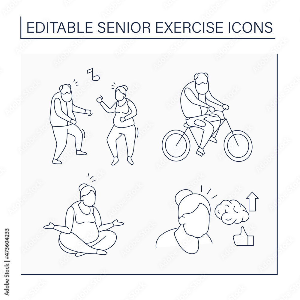 Senior exercise line icons set. Physical activity. Cycling, dancing, stress reliever, healthy lifestyle. Training concept. Isolated vector illustration. Editable stroke